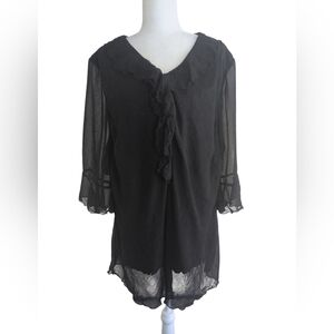 Maggie Barnes Blouse 2x 22-24 Black Ruffles Romantic Feminine Sheer